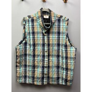 Baxter Wells Quilted Vest Womens plus size 1X Plaid Blue/Tan button front‎